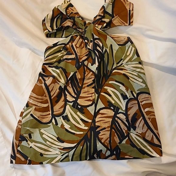 ZARA Linen Blend Camo Lined Cut out Dress size Medium Palm Leaf Print - Picture 2 of 9